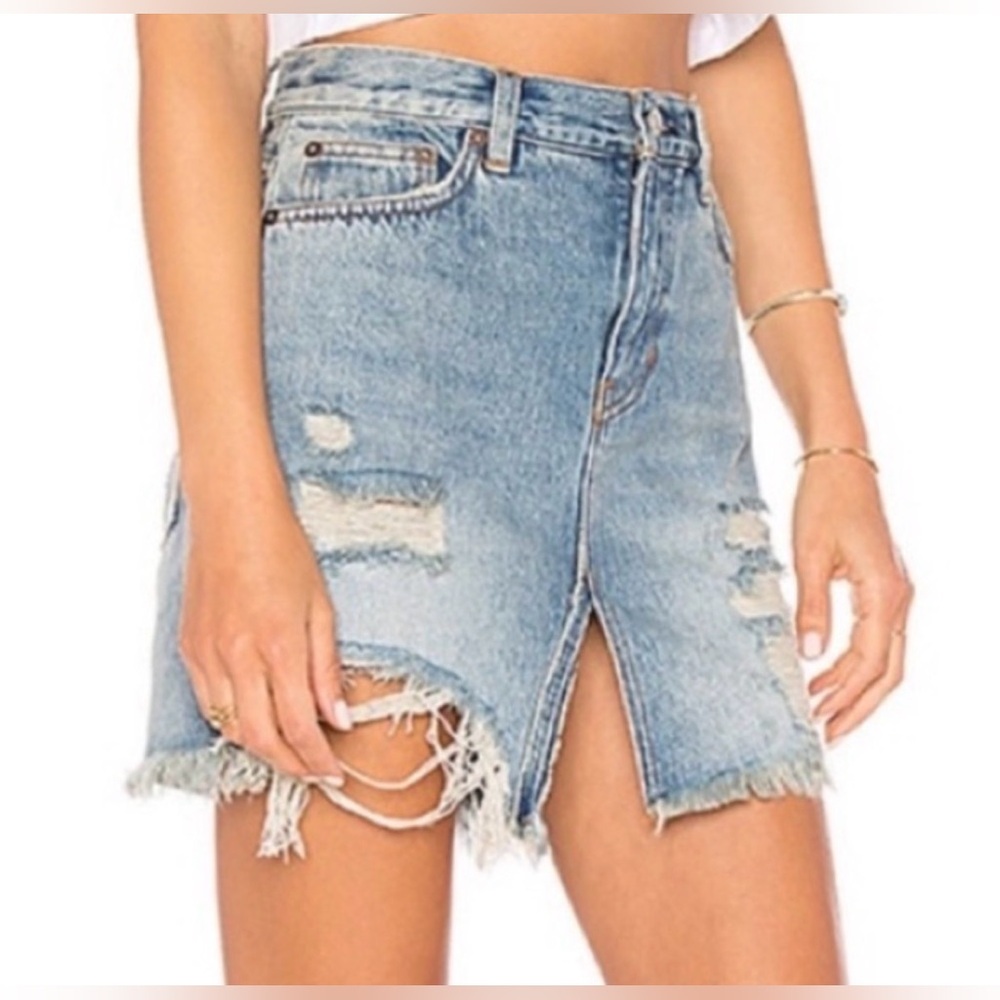 Free People We the Free Distressed Blue Denim Split Front Mini Skirt Size 27